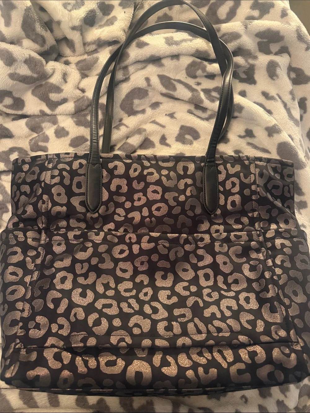 Kate Spade Chelsea Black Metallic Leopard Large Tote Shoulder Bag
